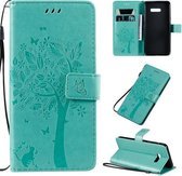 Voor LG G8X Tree & Cat Pattern Pressed Printing Horizontale Flip PU Leather Case met houder & kaartsleuven & portemonnee & Lanyard (groen)