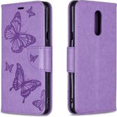 Two Butterflies Embossing Pattern Horizontale Flip Leather Case voor LG Q Stylo 5, met houder & kaartsleuven en portemonnee (paars)