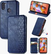 Voor Samsung Galaxy A11 / M11 Cubic Grid Pressed Horizontal Flip Magnetic Leather Case met houder & kaartsleuven & portemonnee (blauw)