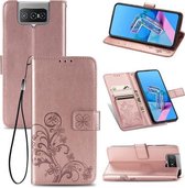 Voor Asus Zenfone 7/7 Pro Vierbladige sluiting Reliëfgesp Mobiele telefoonbescherming Leren hoes met Lanyard & Card Slot & Wallet & Bracket-functie (Rose Gold)