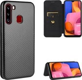 Voor Samsung Galaxy A21 (Euraziatische versie) Koolstofvezeltextuur Magnetisch horizontaal Flip TPU + PC + PU lederen tas met touw en kaartsleuf (zwart)