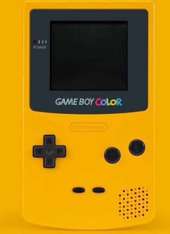 Gele Nintendo Game Boy Color-console met zwarte knoppen en schermomlijsting op een gele achtergrond.