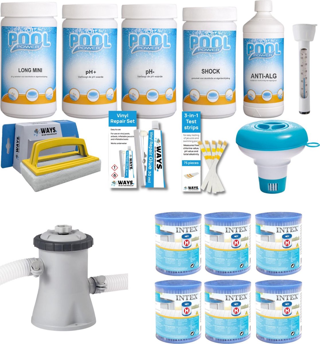 WAYS - Zwembad Onderhoud - Pakket Medium Deluxe & Filterpomp 1250 L/u & 6 Filters Type H