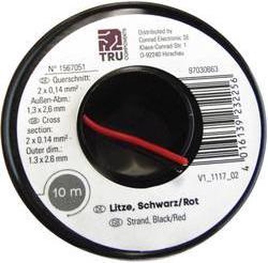 TRU COMPONENTS 1567051 Draad 2 x 0.14 mm² Zwart, Rood 10 m