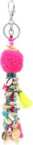 Dielay - Sleutelhanger - Pompon, Steentjes en Schelpen - Lengte 20 cm - Roze