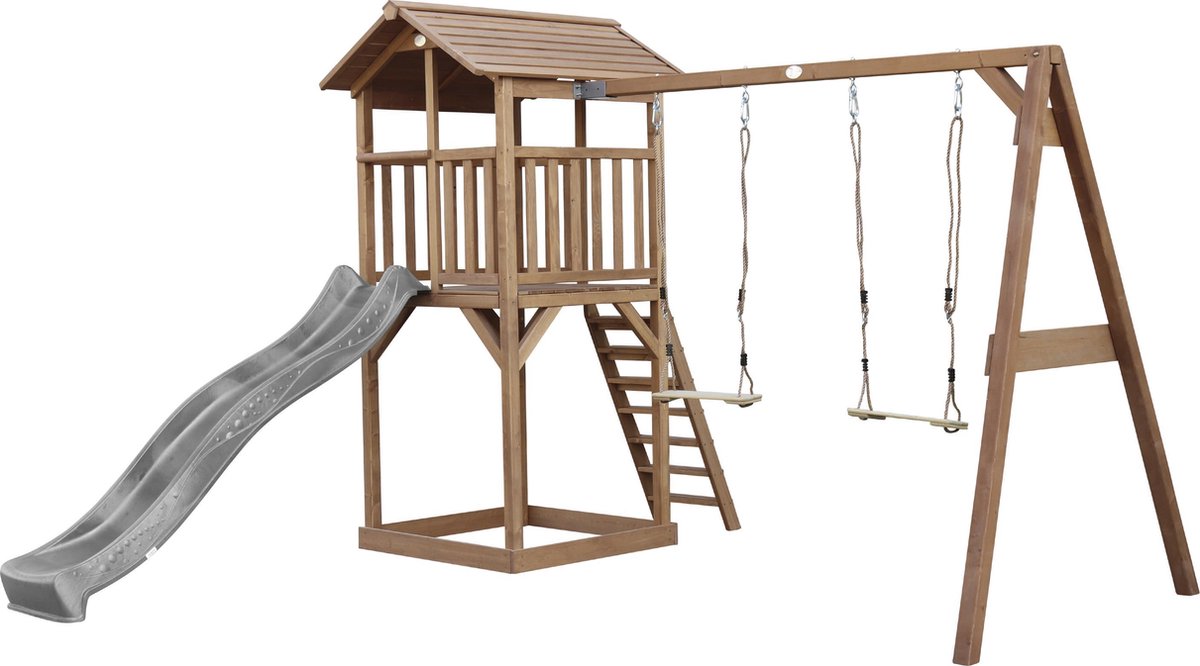 AXI Beach Tower Speeltoestel in Bruin - Speeltoren met Dubbele Schommel, Grijze Glijbaan en Zandbak - FSC hout - Speelhuis op palen voor de tuin — afbeelding 19