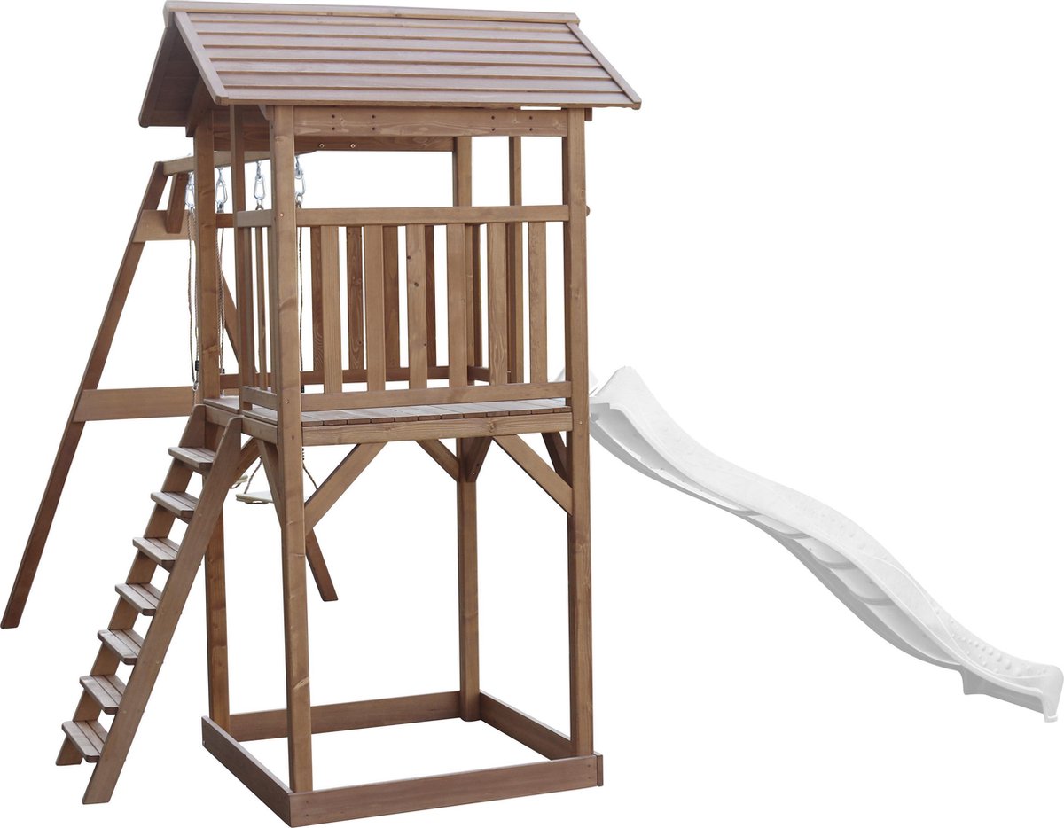 AXI Beach Tower Speeltoestel in Bruin - Speeltoren met Dubbele Schommel, Witte Glijbaan en Zandbak - FSC hout - Speelhuis op palen voor de tuin — afbeelding 2