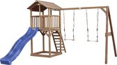 AXI Beach Tower Speeltoestel in Bruin - Speeltoren met Dubbele Schommel, Blauwe Glijbaan en Zandbak - FSC hout - Speelhuis op palen voor de tuin