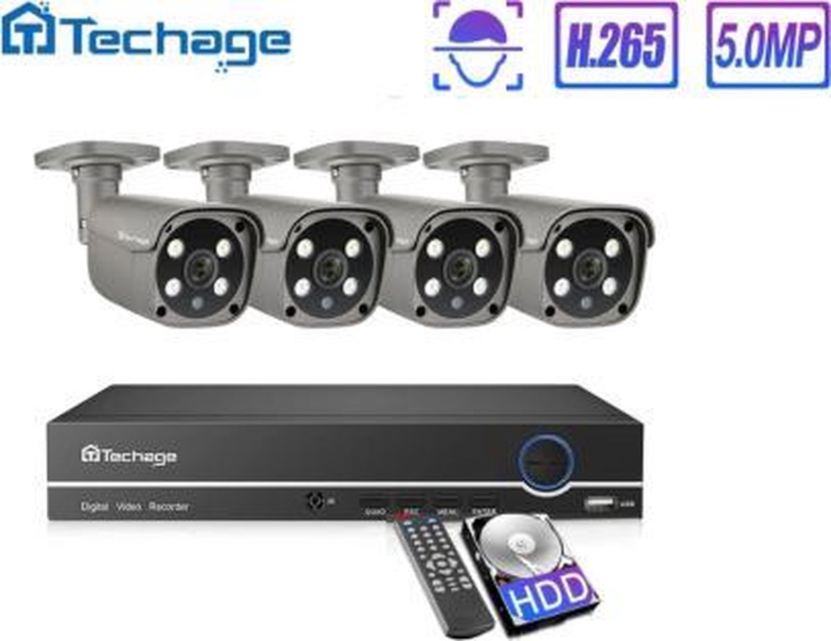 Techage 5MP Beveiligingscamera systeem PoE + 2TB HDD schijf ,NVR 8CH 5MP , 4 camera's