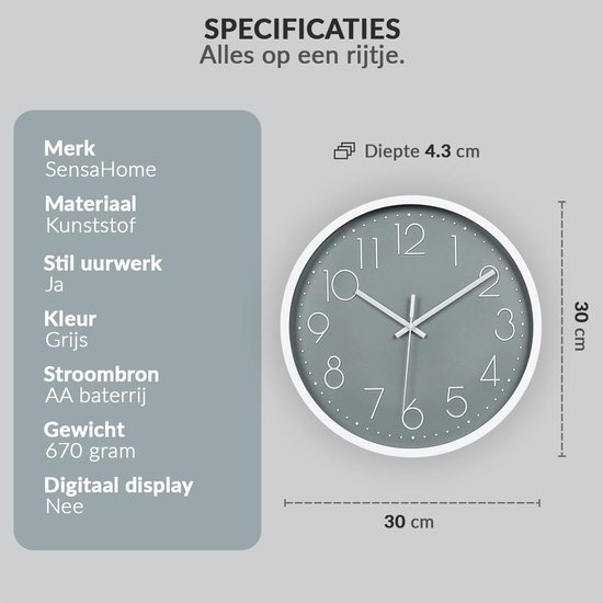 Grijze wandklok met witte wijzers en cijfers, met specificaties voor merk, materiaal, uurwerk, kleur, stroombron, gewicht en display.