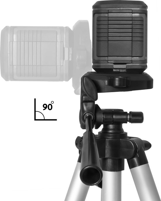 Detail van de kop van het statief met een 90° draai-indicator en een laser waterpas.