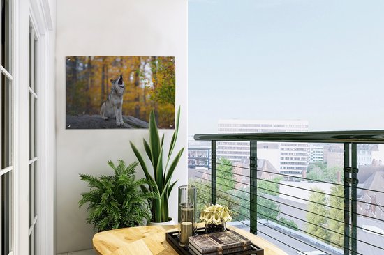 Tuinposter 60x40 cm - Tuindecoratie Wolf - Steen - Bos - Herfst - Poster voor in de tuin - Buiten decoratie - Schutting tuinschilderij - Tuindoek muurdecoratie - Wanddecoratie balkondoek