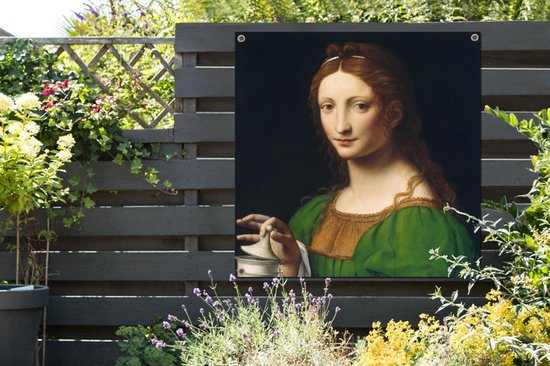 Tuinposter 100x100 cm - Tuindecoratie Maria Magdalena - Leonardo da Vinci - Poster voor in de tuin - Buiten decoratie - Schutting tuinschilderij - Tuindoek muurdecoratie - Wanddecoratie balkondoek