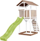 AXI Beach Tower Speeltoestel in Bruin/Wit - Speeltoren met Zandbak en Limoen Groene Glijbaan - FSC hout - Speelhuis op palen voor de tuin