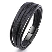 Armband Heren - Zwart Leer met Zwarte Sluiting - Leren Armbanden - Cadeau voor Man - Mannen Cadeautjes