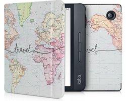kwmobile e-reader hoesje geschikt voor Kobo Libra H2O hoes - E reader flip case met magnetische sluiting - Ereader cover - Travel Wereldkaart design in zwart / meerkleurig