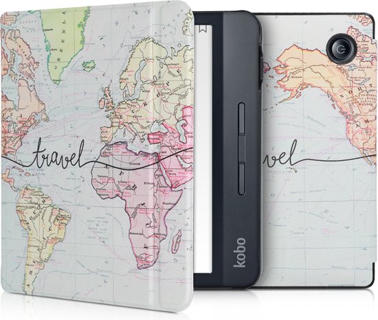 Étui kwmobile pour Kobo Libra H2O - Étui pour liseuse en noir / multicolore - Conception de Wereldkaart de voyage