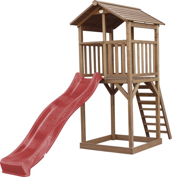 Houten speeltoren met rode glijbaan, trap en dak. Wit. Zonder zandbak.