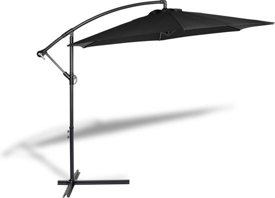 909 OUTDOOR Hangende parasol in zwart 2.5 m hoog, Tuinparasol met stalenframe en hoes, Parasol met zwengelgreep en kantelfunctie, Diameter 300 cm