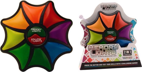 Memory Lights spel met 8 gekleurde knoppen: oranje, rood, paars, blauw, groen, lichtgroen, geel en oranje, naast de verpakte versie.