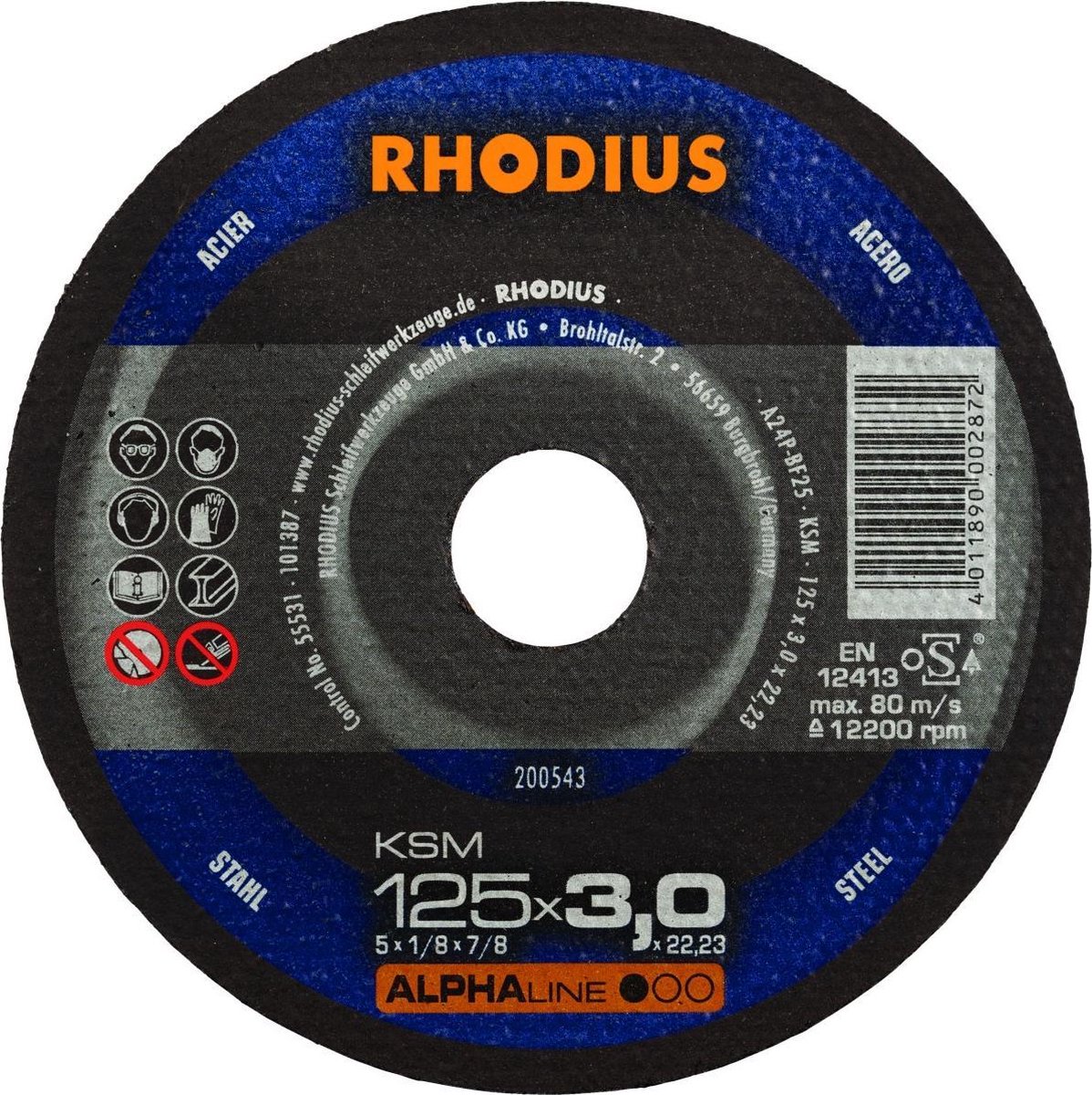 Rhodius 200543 Alphaline I KSM Doorslijpschijf - 125 x 22,23 x 3mm - Staal