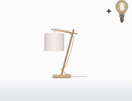 Tafellamp – ANDES – Naturel Bamboe - Wit Linnen - Met LED-lamp