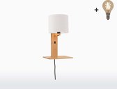 Wandlamp met boekenplank - ANDES - Naturel Bamboe - Wit Linnen - Met LED-lamp
