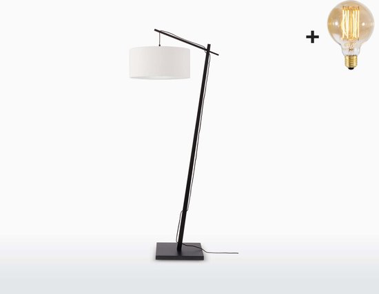 Vloerlamp – ANDES – Zwart Bamboe Voetstuk (h. 176 cm) - Wit Linnen - Met LED-lamp