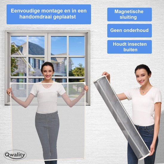 Vrouw houdt raamhor vast, ander vrouw toont opgerolde raamhor. Magnetische sluiting, geen onderhoud.