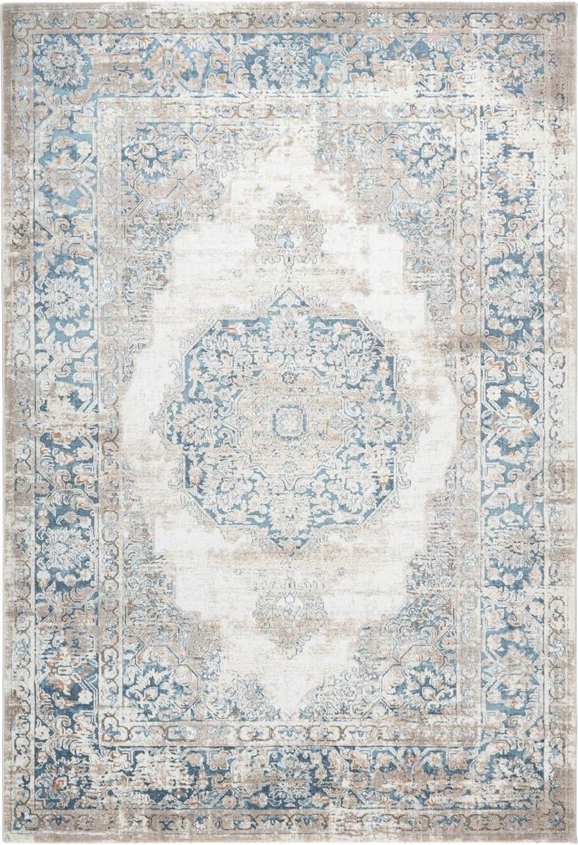 flycarpets Paris Vintage Vloerkleed Blauw - Medaillon Motief - Laagpolig Tapijt - 160x230 cm