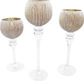 Luxe glazen design kaarsenhouders/windlichten kelken set 3x delig goud/wit metallic transparant  30, 35 en 40 cm