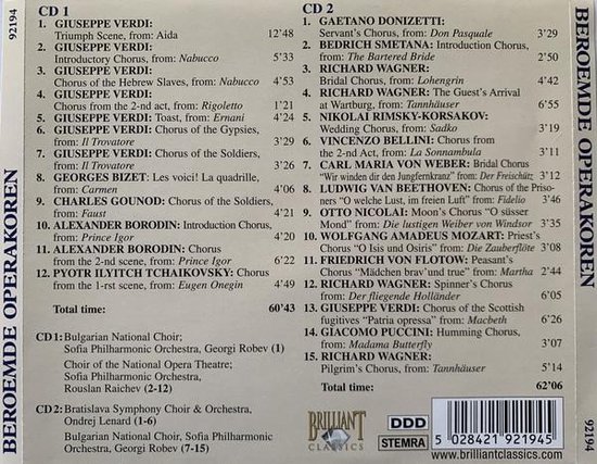 Achterkant van de CD-hoes met de tracklist van 'Beroemde Operakoren' op CD1 en CD2. Titel: Beroemde Operakoren, artiest: Brilliant Classics.