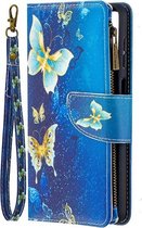 Telefoonhoesje geschikt voor Samsung Galaxy A12 - Portemonnee met rits - book-case hoesje - ruimte voor 9 pasjes - goud blauw vlinder