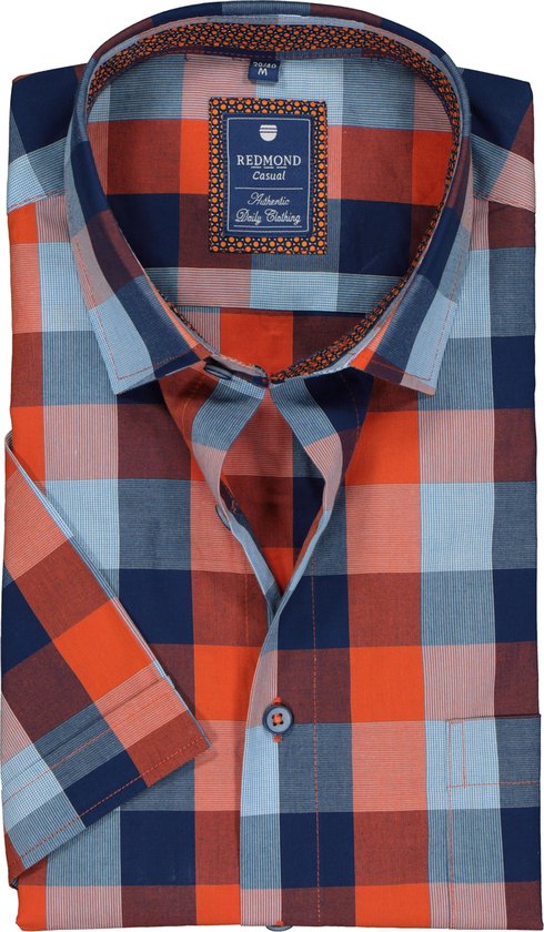 Redmond heren overhemd regular fit - korte mouw - oranje met blauw geruit  (contrast) -... | bol