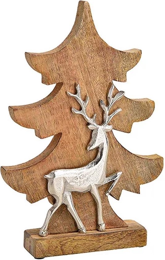 Kerst - Kerstdecoratie - Kerstdagen - Mangohouten dennenboom met zilvermetalen hertje, kleine versie