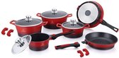 Herenthal Royal Pannenset - 14-delig - Glazen deksel - Inductie - Marmeren coating - Afneembare handgrepen - PFAS-vrij - Zwart / Rood - CES2014M