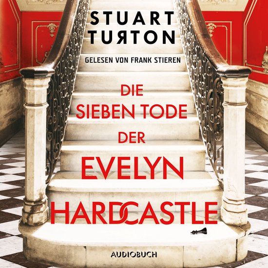 Het boek "Die sieben Tode der Evelyn Hardcastle" met een schaakstuk op de trap.