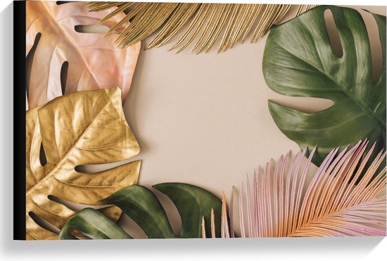 Canvas  - Groene, Roze en Gouden Bladeren - 60x40cm Foto op Canvas Schilderij (Wanddecoratie op Canvas)
