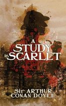 Boekomslag met de titel 'A STUDY in SCARLET', geschreven door Sir ARTHUR CONAN DOYLE. Een schaduwfiguur van een man met hoed en pijp wordt getoond, met op de achtergrond een silhouet van Londense gebouwen.