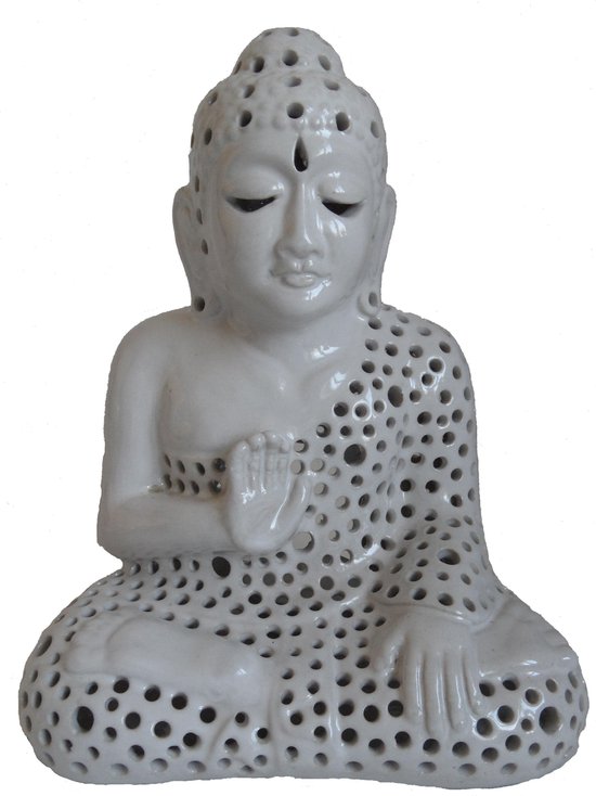 Boeddha beeld sfeerlicht waxinelicht handgemaakt hoogte 26 cm lengte 20 cm breedte 15 cm kleuren gebroken wit.