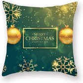 Kerstkussenhoes groen met gouden kerstballen en Merry Christmas