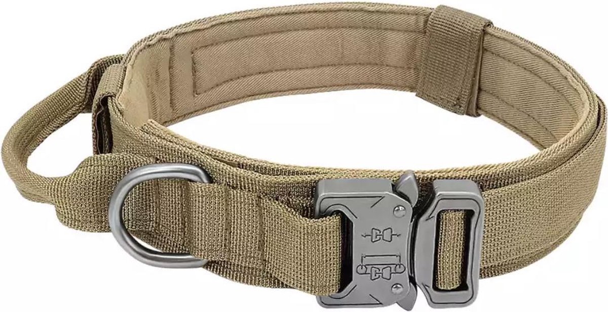 Militaire Tactische Halsband Duitse Shepard Medium Grote Hond Halsbanden Voor Walking Training Duarable Halsband Controle Handvat-Biege XL hals 50-62 CM - Beirui