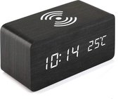 Houten wekker met draadloos opladen - Thermometer functie - Alarm wekker - Digitaal - QI wireless charger - Smartphone - Apple Iphone samsung - Gratis adapter - Zwart -