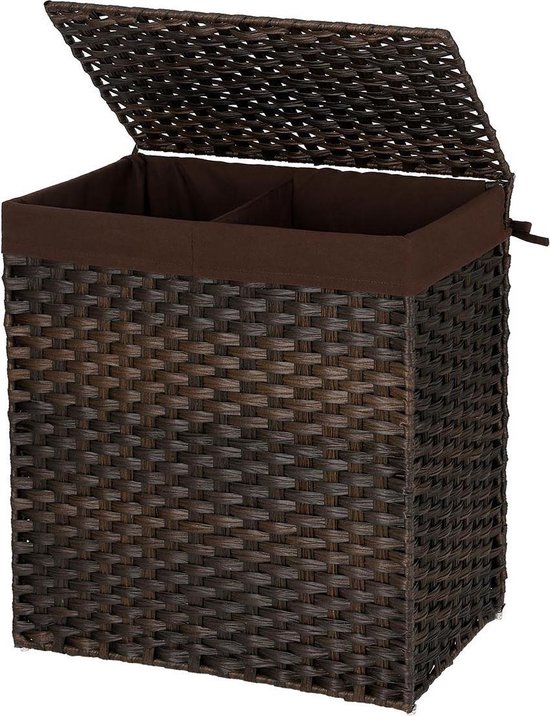 SONGMICS Wasmand Handgeweven, 90 L, Wasmand Gemaakt Van Synthetisch Rotan Met Deksel En Handvatten Opvouwbaar Waszak Afneembaar Natuurlijke Kleur Lcb51nl 2