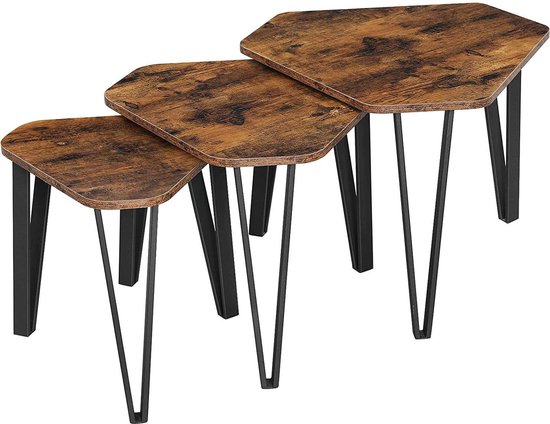set de table d'appoint, 3 pcs. tables de chevet, tables basses, avec pieds en métal, construction simple, design industriel, vintage marron-noir