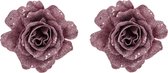 2x stuks decoratie bloemen roos roze glitter op clip 10 cm