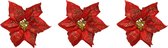 3x stuks decoratie bloemen kerststerren rood glitter op clip 20 cm - Decoratiebloemen/kerstboomversiering