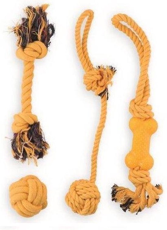 Hondenspeelgoed set van 4 stuks Geel | Flostouw | Trektouw | Speelbal | Knuffel | Geschikt voor alle honden | Puppy | Kleine hond | Grote hond | Speelgoed hondje | Hondenspeeltjes intelligentie | Honden speelgoed interactief | AAA Kwaliteit |