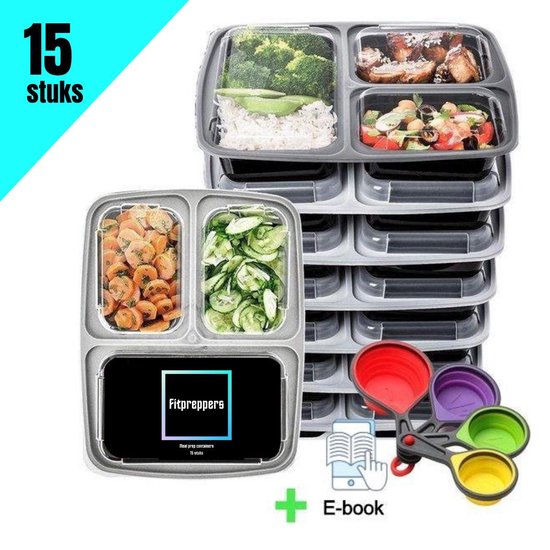 Meal Prep Bakjes - 15 PACK + INCLUSIEF MAATCUPJES - 3 compartimenten - Vershouddoos - Mealprep container met deksel - Lunchbox - 1000ml inhoud - BPA vrij