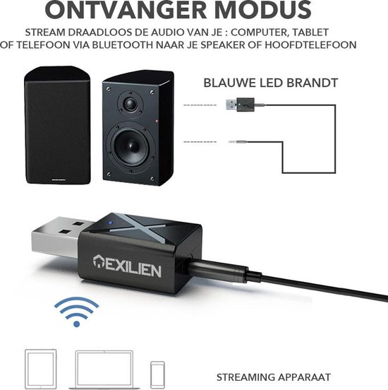 Exilien Bluetooth 5.0 adapter - Zender en ontvanger - 3,5mm Aux - Tot 10 meter - Zwart - Exilien